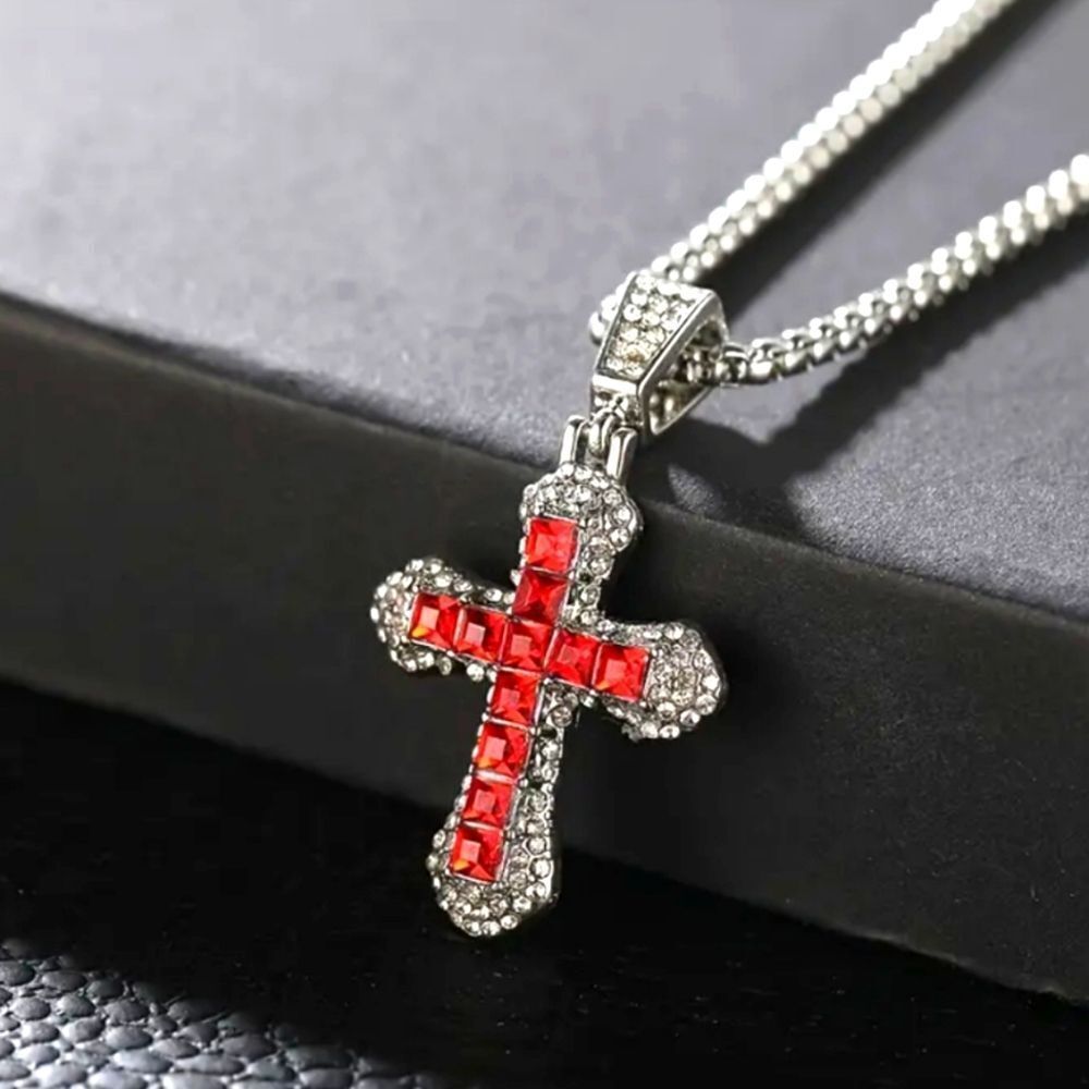 Elegant Red and Silver Cross Pendant Necklace For Adults
